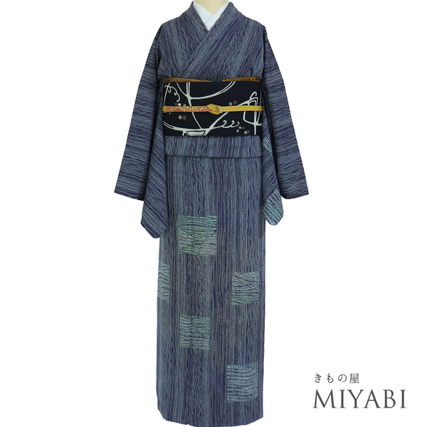 訪問着 リサイクル 身丈163.3cm 裄68.6cm 袷 よろけ縞模様 ネイビー Lサイズ お洒落 正絹 広衿 Aランク