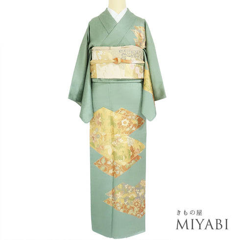 付下げ リサイクル 身丈156.5cm 裄62.8cm 袷 花唐草柄 地紋 金駒刺繍 箔 グリーン Mサイズ セミフォーマル お洒落 正絹 広衿 Sランク