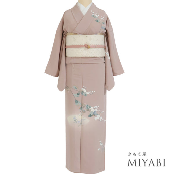 付下げ リサイクル 身丈152cm 裄64.2cm 単衣 花枝に草花柄 ピンク Sサイズ お洒落 正絹 広衿 Aランク