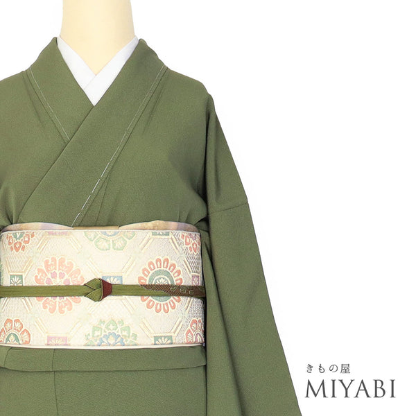 色無地 リサイクル 身丈160cm 裄63.6cm 袷 ちりめん グリーン Mサイズ お洒落 しつけ糸 正絹 広衿 Sランク