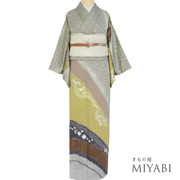 訪問着 リサイクル 身丈153.3cm 裄62.4cm 袷 絞り 斜縞模様 染め分け柄 地紋 グレー Sサイズ お洒落 正絹 広衿 Sランク