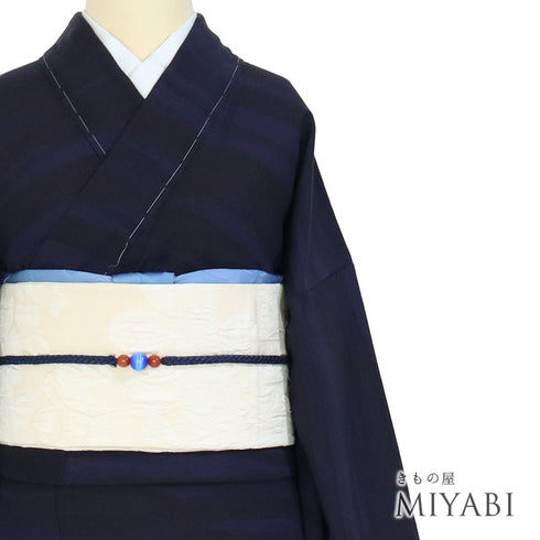 小紋 リサイクル 身丈161.5cm 裄65.6cm 袷 阿波藍天然染 ぼかし染め ネイビー Lサイズ お洒落 正絹 広衿 Sランク