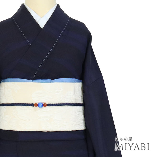 小紋 リサイクル 身丈161.5cm 裄65.6cm 袷 阿波藍天然染 ぼかし染め ネイビー Lサイズ お洒落 正絹 広衿 Sランク