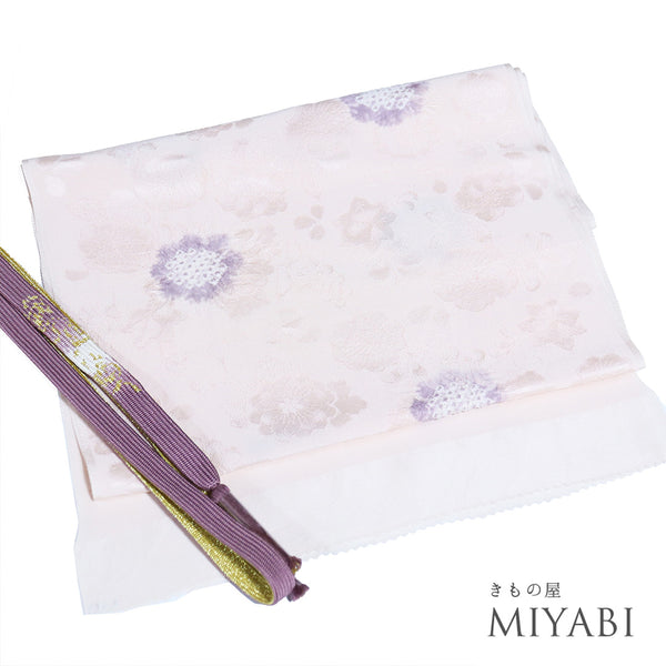 帯締め・帯揚げセット リサイクル お洒落 平組紐 ちりめん ピンク 正絹 未使用品 部分絞り 花柄地紋