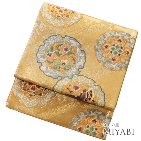 袋帯 リサイクル 帯丈430cm 六通 雪輪模様 華文 花丸 ゴールド Sサイズ 正絹 新品・未使用品 フォーマル セミフォーマル