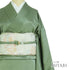 色無地 リサイクル 身丈161.5cm 裄64.8cm 袷 グリーン Lサイズ セミフォーマル お洒落 一つ紋 正絹 広衿 地紋あり Sランク