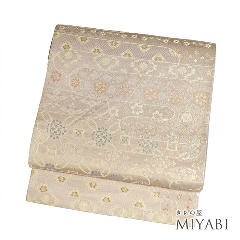 袋帯 リサイクル 帯丈452cm 六通 エ霞に欧亜吉祥文 錦織 ベージュ Lサイズ 正絹 Sランク フォーマル セミフォーマル