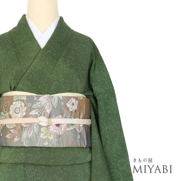 小紋 リサイクル 身丈163.2cm 裄68.2cm 袷 花柄 グリーン Lサイズ お洒落 正絹 広衿 Sランク