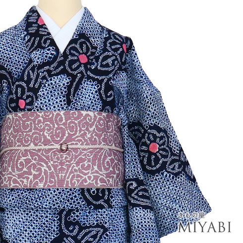 浴衣 リサイクル 夏着物 身丈162.8cm 裄63.2cm 夏物 絞り 花柄 ネイビー Lサイズ カジュアル 木綿 洗える着物 バチ衿 Sランク