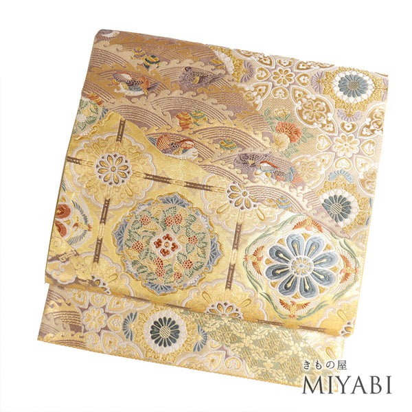 袋帯 リサイクル 帯丈442cm 六通 刺繍 ゴールド Mサイズ 正絹 Sランク フォーマル セミフォーマル