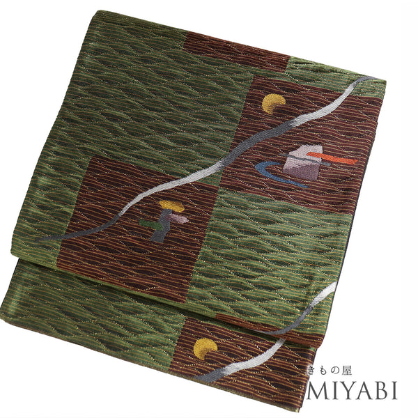 袋帯 リサイクル 帯丈436cm 六通 西陣織 枯山水 グリーン Mサイズ 正絹 新品・未使用品 お洒落