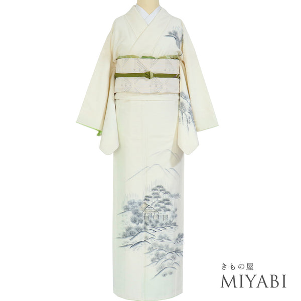 付下げ リサイクル 身丈158.2cm 裄66.8cm 袷 風景柄 作家物 重ね衿付き アイボリー Mサイズ お洒落 落款 正絹 広衿 Aランク