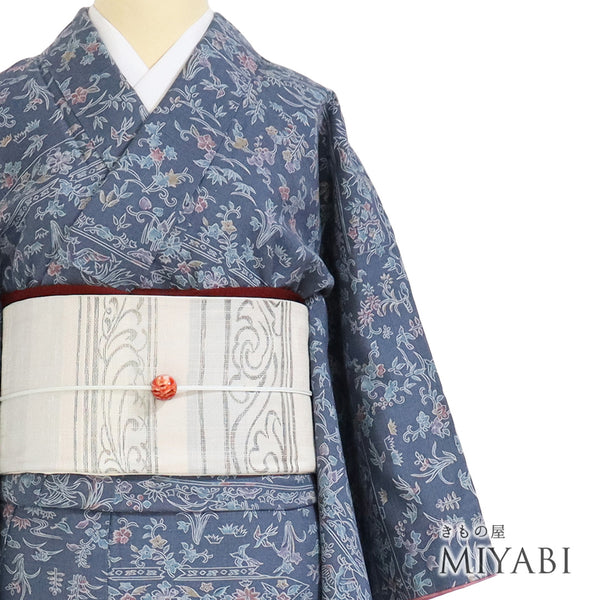 紬 リサイクル 身丈162cm 裄64cm 袷 染め紬 花と鳥柄 ブルー Lサイズ カジュアル お洒落 正絹 広衿 Sランク