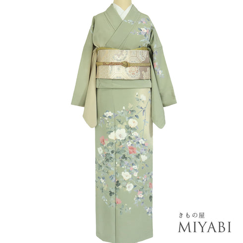 訪問着 リサイクル 身丈160.2cm 裄66.6cm 袷 枝花柄 松彩 グリーン Mサイズ セミフォーマル お洒落 正絹 広衿 Sランク