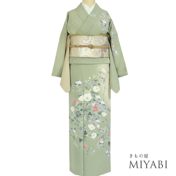 訪問着 リサイクル 身丈160.2cm 裄66.6cm 袷 枝花柄 松彩 グリーン Mサイズ セミフォーマル お洒落 正絹 広衿 Sランク