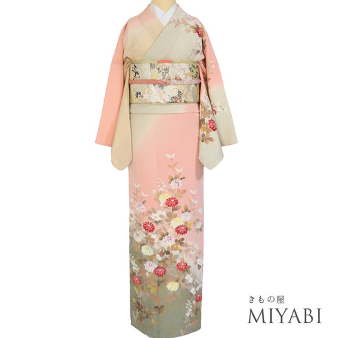 訪問着 リサイクル 身丈166.5cm 裄68.6cm 袷 菊柄 箔 胴裏化繊 ピンク LLサイズ セミフォーマル お洒落 正絹 広衿 Sランク