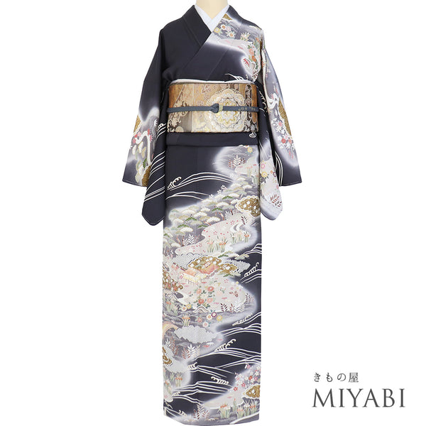 訪問着 リサイクル 身丈165cm 裄68cm 袷 花や松柄 金駒刺繍 箔 グレー Lサイズ セミフォーマル フォーマル しつけ糸 正絹 広衿 Sランク