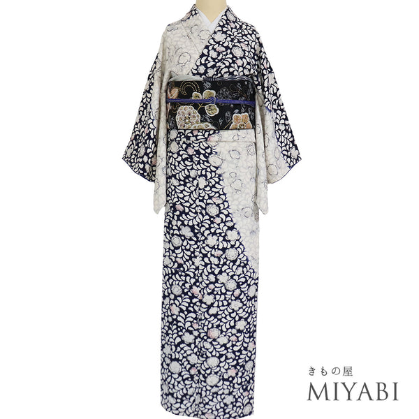 付下げ リサイクル 身丈158.5cm 裄62.6cm 袷 辻ヶ花調 後絞り加工 ネイビー Mサイズ お洒落 しつけ糸 正絹 広衿 Sランク