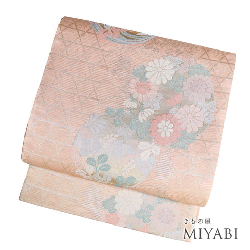 袋帯 リサイクル 帯丈432cm 六通 花の丸柄 夏物 ピンク Sサイズ 正絹 新品・未使用品 セミフォーマル お洒落