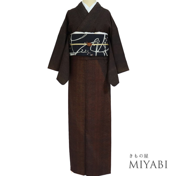 訪問着 リサイクル 身丈158.5cm 裄63.2cm 袷 紬 ブラウン Mサイズ お洒落 正絹 広衿 Sランク