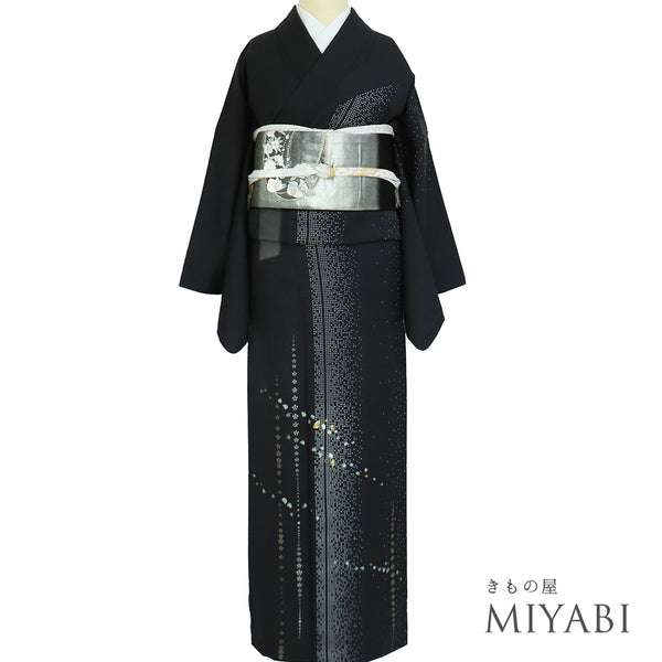 訪問着 リサイクル 身丈168.5cm 裄68.4cm 袷 あられ柄 水玉模様 梅柄 金駒刺繍 地紋 ブラック LLサイズ お洒落 正絹 広衿 Sランク