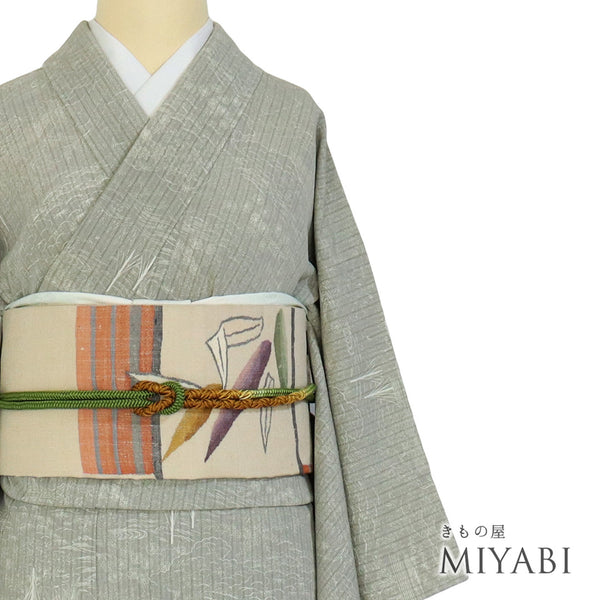 小紋 リサイクル 身丈155.3cm 裄62.4cm 単衣 水辺柄 グリーン Sサイズ お洒落 正絹 広衿 Sランク