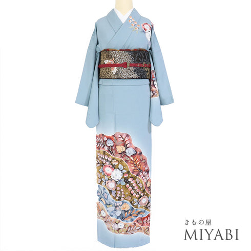 訪問着 リサイクル 身丈161.7cm 裄64.4cm 袷 辻が花 桐屋・翠山工房 絞り ブルー Lサイズ お洒落 落款 正絹 広衿 Sランク