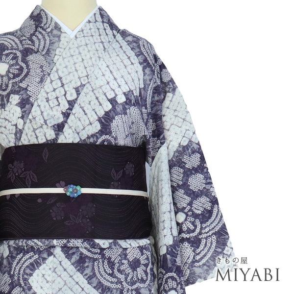 浴衣 リサイクル 夏着物 身丈150.5cm 裄62.8cm 夏物 絞り 花柄 パープル Sサイズ カジュアル 木綿 洗える着物 バチ衿 Aランク