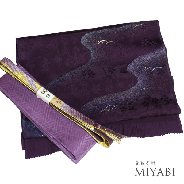 帯締め・帯揚げ・重ね衿3点セット リサイクル セミフォーマル 平組紐 パープル 正絹 新品・未使用品 露芝 ラメ模様 桜地紋