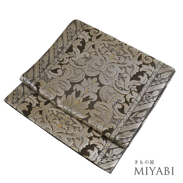 袋帯 リサイクル 帯丈448cm 全通 洋更紗柄 リバーシブル 工房岡野 本場筑前博多織 シルバー Mサイズ 混合 新品・未使用品 お洒落