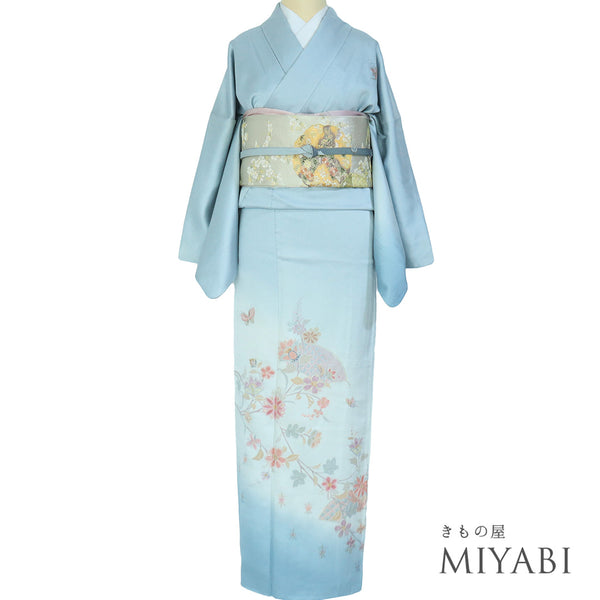 付下げ リサイクル 身丈164.5cm 裄68.6cm 袷 地紙や花に蝶柄 中国汕頭刺繍 ブルー Lサイズ フォーマル セミフォーマル 正絹 広衿 Sランク