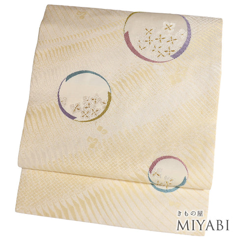 名古屋帯 リサイクル 帯丈364cm 六通 丸模様 花柄 ベージュ Mサイズ 正絹 Aランク お洒落