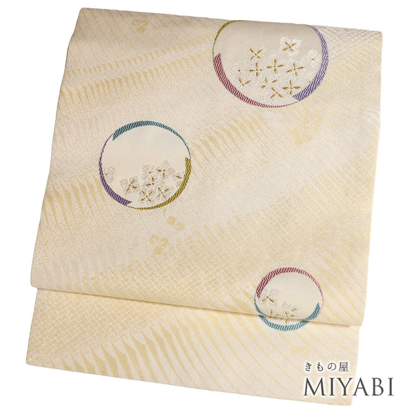 名古屋帯 リサイクル 帯丈364cm 六通 丸模様 花柄 ベージュ Mサイズ 正絹 Aランク お洒落