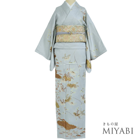 訪問着 リサイクル 身丈159.5cm 裄64.4cm 袷 桐柄 松竹梅柄 金駒刺繍 箔加工 グレー Mサイズ フォーマル セミフォーマル しつけ糸 正絹 広衿 Sランク