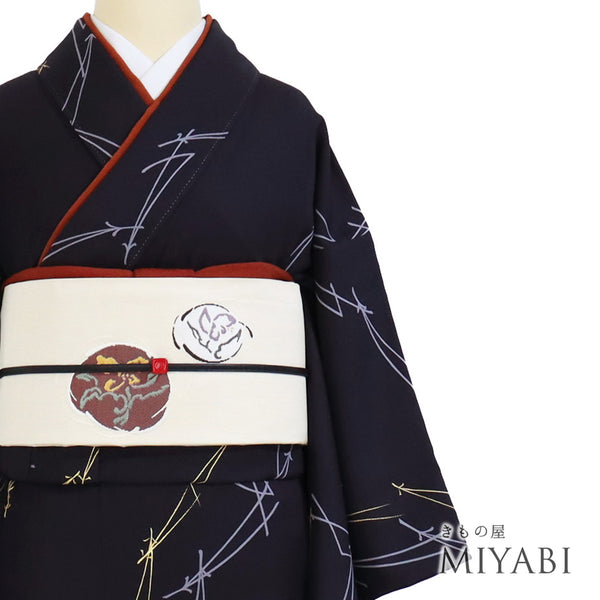 小紋 リサイクル 身丈155.5cm 裄63.4cm 袷 松葉柄 片岡仁左衛門 地紋 伊達衿付き パールトーン加工 ネイビー Mサイズ お洒落 正絹 広衿 Sランク