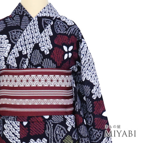 浴衣 リサイクル 夏着物 身丈158cm 裄65cm 夏物 絞り 花柄 ネイビー Mサイズ カジュアル 木綿 洗える着物 バチ衿 Aランク