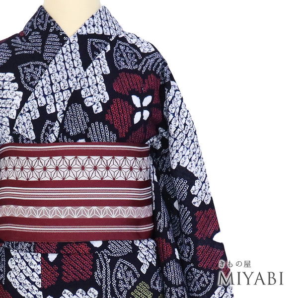 浴衣 リサイクル 夏着物 身丈158cm 裄65cm 夏物 絞り 花柄 ネイビー Mサイズ カジュアル 木綿 洗える着物 バチ衿 Aランク