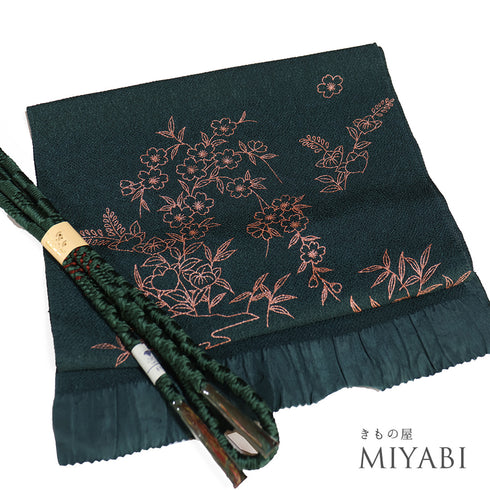 帯締め・帯揚げセット リサイクル 手組紐 ちりめん グリーン 正絹 新品・未使用品 桜柄