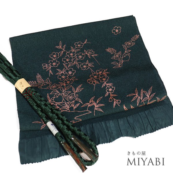 帯締め・帯揚げセット リサイクル 手組紐 ちりめん グリーン 正絹 新品・未使用品 桜柄