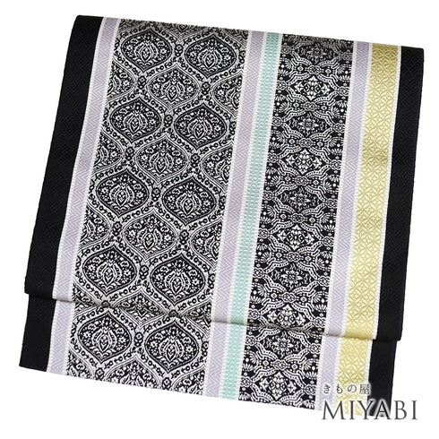 名古屋帯 リサイクル 帯丈365.5cm 全通 博多織 ブラック Mサイズ 正絹 新品・未使用品 お洒落 カジュアル 証紙