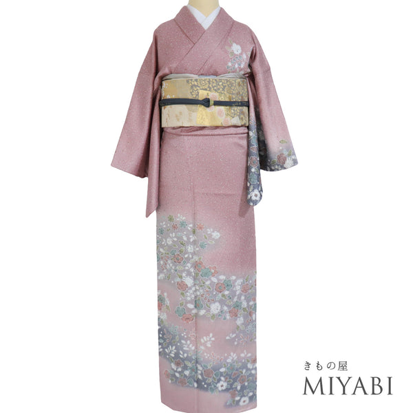 訪問着 リサイクル 身丈163.8cm 裄65.4cm 袷 辻ヶ花柄 後絞り加工 パープル Lサイズ セミフォーマル お洒落 一つ紋 正絹 広衿 Aランク