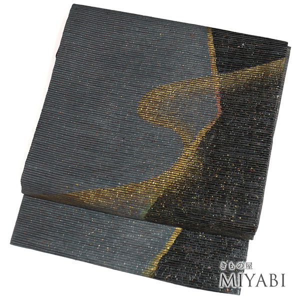 名古屋帯 リサイクル 帯丈363cm ポイント柄 金彩 変わり織り 和田光正 グレー Mサイズ 正絹 Sランク お洒落 落款