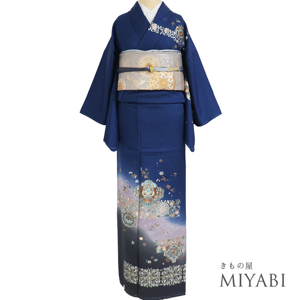 訪問着 リサイクル 身丈162.8cm 裄62.6cm 袷 金彩加工 鳥柄 華文 ブルー Lサイズ セミフォーマル 正絹 広衿 Sランク
