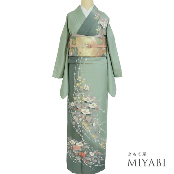 付下げ 身丈169.3cm 裄68cm 袷 椿柄 箔 グリーン LLサイズ セミフォーマル お洒落 正絹 広衿 Sランク