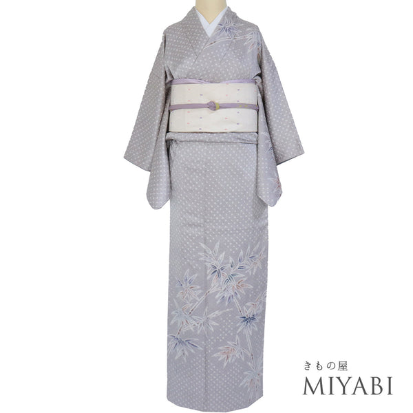 付下げ リサイクル 身丈150.5cm 裄61.4cm 袷 竹柄 絞り 相良刺繍 グレー Sサイズ セミフォーマル お洒落 正絹 広衿 Sランク