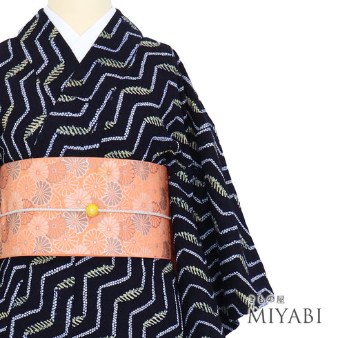 浴衣 リサイクル 夏着物 身丈142.7cm 裄60.4cm 夏物 ジュニアサイズ 幾何学模様 ネイビー 規格外サイズ カジュアル 木綿 洗える着物 バチ衿 Sランク