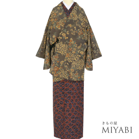 道中着 リサイクル 身丈82.5cm 裄64.8cm 袷 草花柄 多色 Mサイズ お洒落 ポリエステル 洗える着物 Sランク