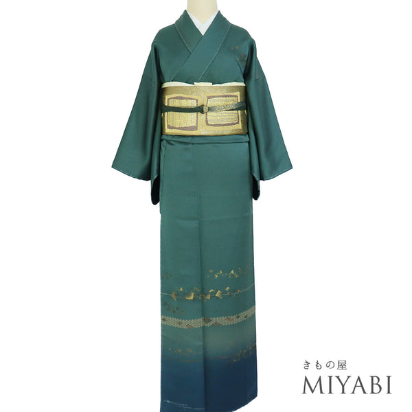 訪問着 リサイクル 身丈156.5cm 裄64.8cm 袷 箔 花や菱型模様 刺繍 グリーン Mサイズ お洒落 正絹 広衿 Aランク