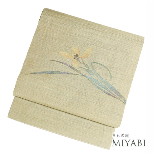 名古屋帯 リサイクル 帯丈353.5cm ポイント柄 花柄 グリーン Sサイズ 正絹 Sランク お洒落 カジュアル