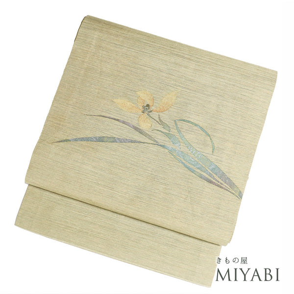 名古屋帯 リサイクル 帯丈353.5cm ポイント柄 花柄 グリーン Sサイズ 正絹 Sランク お洒落 カジュアル